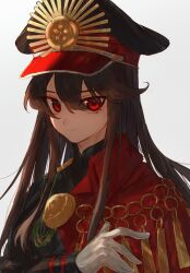 Rule 34 | 1girl, absurdres, beam107, black hair, cape, chain, crest, family crest, fate/grand order, fate (series), gloves, hair between eyes, hat, highres, long hair, long sleeves, looking at viewer, medallion, military hat, oda nobunaga (fate), oda uri, portrait, red cape, red eyes, sidelocks, simple background, solo, white background