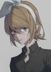 Rule 34 | 1girl, black shirt, blonde hair, blood, blood on face, blue eyes, bow, commentary, frown, grey background, hair bow, kagamine rin, portrait, shirt, short hair, solo, vocaloid, white bow, wounds404