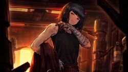 Rule 34 | 1girl, arm wrap, black hair, black tank top, bob cut, bottle, dummy, game cg, hand wraps, highres, jacket, limbus company, nai ga, official art, ootachi, pants, project moon, red eyes, red jacket, red pants, ryoshu (project moon), short hair, solo, tank top, training, water bottle