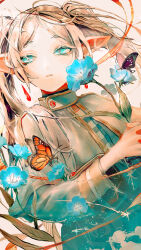 Rule 34 | 1girl, absurdres, aqua eyes, blue dress, blue flower, bug, butterfly, capelet, dress, earrings, elf, flower, frieren, highres, holding, holding flower, insect, jewelry, long hair, parted lips, pointy ears, pokepoke (usdg7842), solo, sousou no frieren, twintails, white capelet, white hair