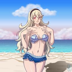 Rule 34 | 1girl, absurdres, bare legs, beach, bikini, blue sky, breasts, cleavage, corrin (female) (fire emblem), corrin (fire emblem), fire emblem, fire emblem fates, grey hair, highres, large breasts, magenta eyes, nintendo, ocean, sand, shell, shell bikini, sky, sokloeum, swimsuit