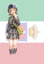 Rule 34 | 1girl, absurdres, adapted uniform, artist name, bad id, bad pixiv id, bag, blue eyes, blush, brown hair, canteen, covering own mouth, crown, flag, hand over own mouth, helmet, highres, italian flag, italy, longmei er de tuzi, military, military uniform, one eye closed, open mouth, original, pleated skirt, pouch, short hair, shoulder bag, skirt, smile, soldier, solo, tears, uniform, world war ii