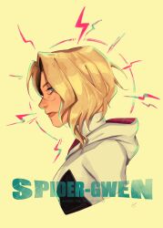 Rule 34 | 1girl, black bodysuit, blonde hair, blue eyes, bodysuit, breasts, character name, closed mouth, copyright name, freckles, gwen stacy, haji (haji07lo), highres, hood, hooded bodysuit, lightning bolt symbol, lips, looking at viewer, marvel, medium breasts, multicolored bodysuit, multicolored clothes, pink bodysuit, short hair, simple background, solo, spider-gwen, spider-man: across the spider-verse, spider-man (series), spider-verse, spider web print, superhero, twitter username, upper body, white bodysuit, yellow background