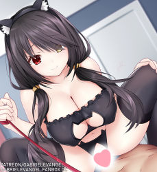 Rule 34 | 1boy, 1girl, animal ears, black hair, breasts, cat ears, cat lingerie, censored, clock eyes, cowgirl position, crotchless, crotchless panties, date a live, femdom, gabriel evangel, heart, heart censor, heterochromia, highres, large breasts, leash, meme attire, navel, panties, rope, sex, smile, spread legs, squatting, straddling, symbol-shaped pupils, thighhighs, tokisaki kurumi, twintails, underwear
