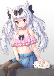 Rule 34 | 1girl, alternate costume, animal, animal ears, azur lane, bare shoulders, between legs, black bow, black bowtie, black pantyhose, blue skirt, blush, bow, bowtie, breasts, casual, cat, cleavage, collarbone, commentary request, crop top, eyelashes, frilled shirt, frills, hair bow, hand between legs, highres, layered clothes, long hair, looking at viewer, midriff, miniskirt, mouth hold, navel, orange eyes, pantyhose, pensuke, petting, pink shirt, pleated skirt, popsicle stick, shirt, sidelocks, silver hair, simple background, sitting, skirt, small breasts, solo, spaghetti strap, stomach, twintails, v-shaped eyebrows, white cat, yukikaze (azur lane)