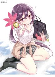 Rule 34 | 10s, 1girl, :t, absurdres, akebono (kancolle), bag, bell, black skirt, black socks, blouse, bra, cardigan, clothes around waist, feet, flower, hair bell, hair flower, hair ornament, hamaken. (novelize), highres, jingle bell, kantai collection, looking at viewer, no shoes, plaid, plaid skirt, pointing, ponytail, pout, purple eyes, purple hair, rubber band, scan, school bag, see-through, shirt, simple background, sitting, skirt, socks, solo, underwear, wet, white shirt