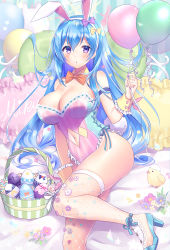 Rule 34 | 1girl, animal ears, arm strap, balloon, bare shoulders, basket, bird, blue footwear, blue hair, bow, bowtie, breasts, chick, cleavage, clothing cutout, colored eyelashes, detached collar, easter egg, egg, emori miku, fake animal ears, fishnet thighhighs, fishnets, frills, hairband, haruyuki 14, high heels, highleg, highleg leotard, highres, holding, lace trim, large breasts, leotard, liver city, long hair, looking at viewer, navel, navel cutout, parted lips, pillow, purple eyes, purple leotard, rabbit ears, sitting, solo, strapless, strapless leotard, striped clothes, striped leotard, thighhighs, thighs, very long hair, white thighhighs