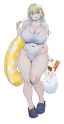 Rule 34 | 1girl, absurdres, aymusk, bag, bandaid, bandaid on knee, bandaid on leg, black footwear, blonde hair, blue hair, breasts, cleavage, collarbone, colored inner hair, commentary request, covered navel, flower, food, freckles, freckles-chan (aymusk), frilled one-piece swimsuit, frills, full body, hair flower, hair ornament, hairclip, highres, holding, holding bag, holding food, holding popsicle, innertube, large breasts, long hair, looking at viewer, mole, mole on breast, multicolored hair, one-piece swimsuit, open mouth, original, plastic bag, plump, popsicle, sidelocks, simple background, smile, solo, standing, swim ring, swimsuit, two-tone hair, white background, white flower, white one-piece swimsuit, wide hips