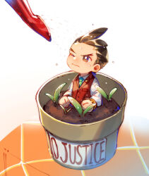 Rule 34 | 1boy, ace attorney, antenna hair, apollo justice, aqua necktie, bracelet, breast pocket, brown eyes, brown hair, buried, character name, clenched hands, closed mouth, collared shirt, flower pot, hi-fi (fijazzy), in pot, jewelry, lapel pin, lapels, male focus, mini person, miniboy, necktie, one eye closed, plant, pocket, red vest, shirt, short hair, sleeves past elbows, solo, upper body, v-shaped eyebrows, vest, water, watering, watering can, white shirt