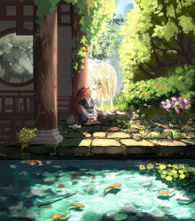 Rule 34 | 1girl, barefoot, bush, chinese clothes, crack, fish, flower, garden, grass, highres, indian style, juuni kokuki, keiki (juuni kokuki), kirin (juuni kokuki), long hair, long sleeves, looking at another, nakajima youko, outdoors, pavement, pillar, pink flower, plant, plantar flexion, pond, railing, red hair, robe, rock, round window, ruins, sash, shade, shoes, unworn shoes, sitting, sleeves past wrists, srtk3, tree, vines, water, window, yellow flower