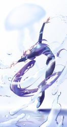 Rule 34 | 1boy, absurdres, bending backward, blurry, blurry background, bodysuit, buzhengjing zhi bi, commentary, closed eyes, flexible, floating, full body, glowing, highres, jellyfish, kamui gakupo, long hair, male focus, outstretched arms, ponytail, purple bodysuit, purple hair, reflection, shadow, solo, splashing, very long hair, vocaloid, water drop, white background