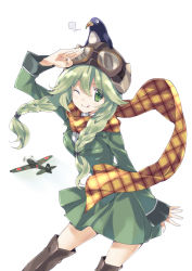 Rule 34 | 10s, 1girl, ;p, ;q, a6m zero, animal, animal on head, bird, bird on head, blazer, blush, boots, braid, coat, fairy (kancolle), flight goggles, goggles, goggles on head, green eyes, green hair, hat, jacket, kantai collection, long hair, long sleeves, on head, one eye closed, penguin, personification, pilot, pilot suit, plaid, plaid scarf, salute, sasaki mutsumi, scarf, skirt, tongue, tongue out, twin braids, type 0 fighter model 52, wink, zero (kantai collection)
