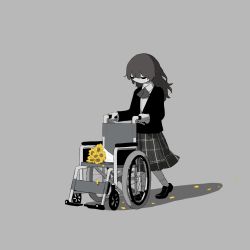 Rule 34 | 1girl, absurdres, avogado6, bouquet, bow, bowtie, crying, flower, grey background, highres, jacket, long hair, long sleeves, original, pleated skirt, shirt, shoes, simple background, skirt, socks, solo, tears, wheelchair, yellow flower