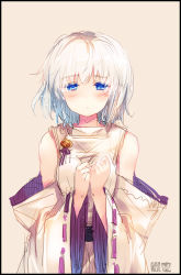 Rule 34 | 1girl, bare shoulders, blue eyes, blush, border, crying, crying with eyes open, detached sleeves, japanese clothes, kariginu, looking at viewer, mikoto (sennen sensou aigis), onmyouji, ribbon-trimmed sleeves, ribbon trim, sennen sensou aigis, short hair, simple background, solo, tears, tokiame, white hair, wide sleeves