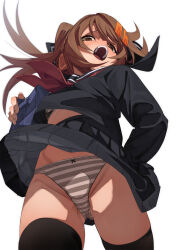 Rule 34 | 1girl, bag, black sailor collar, black serafuku, black skirt, black thighhighs, blue bag, bra, brown hair, clothes lift, fu-ta, hair ornament, hairclip, highres, long hair, long sleeves, looking at viewer, neckerchief, open mouth, original, panties, pleated skirt, red neckerchief, sailor collar, school bag, school uniform, serafuku, simple background, skirt, skirt lift, solo, striped bra, striped clothes, striped panties, teeth, thighhighs, thighs, underwear, usami taiga, white background