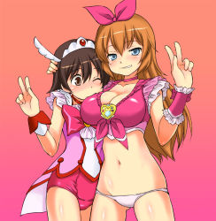 Rule 34 | 2girls, adapted costume, blue eyes, blush, breasts, brooch, brown eyes, brown hair, charlotte e. yeager, choker, cleavage, cosplay, cure happy, cure happy (cosplay), cure melody, cure melody (cosplay), fukuen misato, heart, jewelry, koshimizu ami, large breasts, long hair, magical girl, miritsu, mirutsu (milts), miyafuji yoshika, multiple girls, one eye closed, orange hair, panties, precure, revealing clothes, school swimsuit, voice actor connection, short hair, smile precure!, strike witches, suite precure, swimsuit, tiara, underwear, v, white panties, wink, world witches series