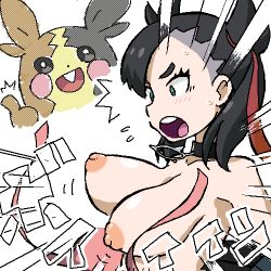 Rule 34 | 1girl, ^^^, alternate breast size, bare shoulders, black choker, black eyes, black hair, blue eyes, blush, blush stickers, bouncing breasts, breasts, bright pupils, buck teeth, choker, constricted pupils, creatures (company), dress, emphasis lines, female focus, flying sweatdrops, from side, game freak, gen 8 pokemon, gomatarou (pixiv196136), grey hair, hair ribbon, happy, jaggy lines, japanese text, large breasts, light blush, looking at viewer, looking down, lowres, marnie (pokemon), morpeko, morpeko (full), motion lines, multicolored hair, nintendo, nipples, no bra, open mouth, pink dress, pokemon, pokemon swsh, red ribbon, ribbon, shiny skin, short hair, smile, solo focus, surprised, teeth, thumbs up, translated, two-tone hair, two side up, undercut, upper body, v-shaped eyebrows, wardrobe malfunction, white pupils