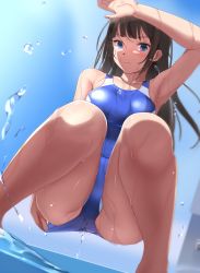 Rule 34 | 1girl, adjusting clothes, adjusting swimsuit, arm up, armpits, ass, blue eyes, blue one-piece swimsuit, blush, breasts, brown hair, closed mouth, collarbone, commentary request, competition swimsuit, eto, expressionless, from below, highres, long hair, looking at viewer, md5 mismatch, medium breasts, one-piece swimsuit, original, resolution mismatch, revision, solo, source larger, squatting, straight hair, swimsuit, water, water drop, wet, wet clothes, wet swimsuit