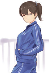Rule 34 | 10s, 1girl, alternate costume, brown eyes, brown hair, gradient background, hair ribbon, highres, kaga (kancolle), kantai collection, long sleeves, looking at viewer, ribbon, side ponytail, solo, track suit, wa (genryusui)