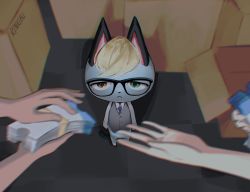Rule 34 | 1boy, 2others, :&lt;, ambiguous gender, animal crossing, animal ears, artist name, black-framed eyewear, blonde hair, blue neckwear, blurry, blurry foreground, bottomless, box, brown eyes, cardboard box, cat ears, cat tail, chromatic aberration, closed mouth, dark, full body, furry, furry male, glasses, green eyes, grey vest, heterochromia, highres, holding, indoors, long sleeves, looking up, male focus, multiple others, necktie, nintendo, nook miles ticket, raymond (animal crossing), rinkibu, sad, shirt, short hair, signature, solo focus, standing, tail, ticket, vest, white shirt