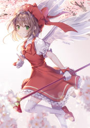 Rule 34 | 1girl, :d, angel wings, antenna hair, blurry, blurry foreground, blush, bow, brown hair, cardcaptor sakura, cherry blossoms, depth of field, dress, from above, gloves, gradient background, green eyes, grey background, grin, hair bow, hair intakes, hat, holding, holding wand, index finger raised, kinomoto sakura, leg up, looking at viewer, looking to the side, magic circle, open mouth, pinafore dress, puffy short sleeves, puffy sleeves, red bow, red dress, red footwear, red hat, roang, shirt, shoes, short hair, short sleeves, sleeveless, sleeveless dress, smile, solo, standing, standing on one leg, teeth, thighhighs, wand, white bow, white gloves, white shirt, white thighhighs, white wings, wings