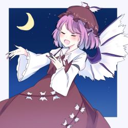 Rule 34 | 1girl, animal ears, bird ears, bird wings, blush, brown dress, brown headwear, crescent moon, dress, closed eyes, fingernails, frilled sleeves, frills, haya taro pochi, long fingernails, long sleeves, moon, mystia lorelei, nail polish, one-hour drawing challenge, open mouth, pink hair, pink nails, sharp fingernails, short hair, smile, solo, touhou, white wings, wide sleeves, winged hat, wings