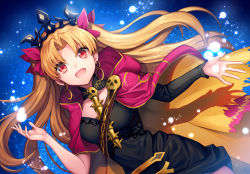 Rule 34 | 1girl, :d, asymmetrical sleeves, bad id, bad pixiv id, black dress, blonde hair, breasts, cape, dress, dutch angle, ells, ereshkigal (fate), fate/grand order, fate (series), floating hair, hair ribbon, long hair, medium breasts, open mouth, red eyes, red ribbon, ribbon, short dress, smile, solo, tohsaka rin, uneven sleeves, very long hair