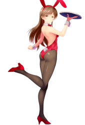 Rule 34 | 10s, 1girl, absurdres, animal ears, ass, back, bare back, bare shoulders, blush, bow, bowtie, breasts, brown eyes, brown hair, clenched hand, detached collar, fake animal ears, high heels, highres, holding, idolmaster, idolmaster cinderella girls, leg lift, legs, leotard, long hair, looking at viewer, looking back, medium breasts, nitta minami, pantyhose, playboy bunny, rabbit ears, rabbit tail, red footwear, shiny clothes, shoes, simple background, smile, solo, standing, standing on one leg, strapless, tail, taka (takahirokun), tray, white background, wrist cuffs