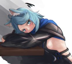 Rule 34 | 1girl, ahoge, animal ear fluff, animal ears, arknights, bad id, bad twitter id, blue eyes, blue hair, blush, breasts, cat ears, from side, gradient background, grey background, highres, leaning forward, long sleeves, looking at viewer, looking to the side, medium breasts, monique (arknights), revealing clothes, short hair, sideboob, sitting, solo, squiggle, superbeek4, swept bangs, table, v-shaped eyebrows, white background