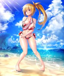 Rule 34 | 1girl, asahi, barefoot, beach, bikini, blonde hair, breasts, cleavage, curvy, donna barows, female focus, full body, highres, huge breasts, lilith-soft, long hair, looking at viewer, navel, ponytail, purple eyes, shiny skin, sky, solo, standing, swimsuit, taimanin (series), taimanin asagi, taimanin asagi kessen arena