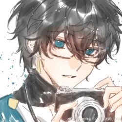 Rule 34 | 1boy, aqua eyes, artist request, bad id, bad weibo id, bespectacled, black hair, camera, commission, commissioner name, dan heng (honkai: star rail), dan heng (next stop yi county) (honkai: star rail), double-parted bangs, earrings, glasses, hair between eyes, hands up, highres, holding, holding camera, honkai: star rail, honkai (series), jewelry, looking at viewer, male focus, official alternate costume, parted lips, portrait, second-party source, short hair, sketch, solo, three quarter view, very short hair, watermark, weibo watermark, white background