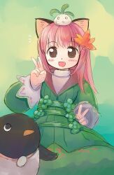 Rule 34 | 1girl, :d, animal ears, bird, blush, brown hair, cat ears, character request, commentary request, cowboy shot, double v, dress, emurin, green dress, hair ornament, leaf, leaf hair ornament, long hair, long sleeves, looking at viewer, maple leaf, onion, open mouth, penguin, pink eyes, shirt, smile, solo, tree of savior, v, white shirt