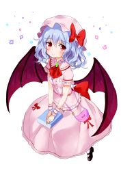 Rule 34 | 1girl, absurdres, bag, bat wings, black footwear, blue hair, blush, book, bow, commentary, dress, dress bow, english commentary, full body, handbag, hat, hat bow, highres, looking at viewer, pink dress, purple bag, red bow, red eyes, red neckwear, remilia scarlet, satori (kxdm8872), shoes, short hair, simple background, smile, solo, touhou, white background, wings, wrist cuffs