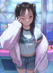 Rule 34 | 1girl, absurdres, black hair, blush, closed mouth, clothes writing, cowboy shot, crane (machine), crane game, from above, grey eyes, highres, jacket, jewelry, long sleeves, looking at viewer, midriff, necklace, off shoulder, one eye closed, open clothes, open jacket, original, rubbing eyes, shorts, solo, two side up, utaka (anyoanyot), white jacket