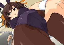 Rule 34 | 00s, 1girl, :p, animal ears, black leotard, black pantyhose, breasts, from below, gluteal fold, haruhisky, holding, leotard, pantyhose, playboy bunny, rabbit ears, short hair, standing, strapless, strapless leotard, suzumiya haruhi, suzumiya haruhi no yuuutsu, thumb, tongue, tongue out, underboob