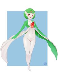 Rule 34 | + +, 1girl, absurdres, alternate hairstyle, blue background, blush, border, breasts, cleft of venus, collarbone, colored skin, creatures (company), dress, female focus, full body, game freak, gardevoir, gen 3 pokemon, green hair, green skin, groin, highres, hitmanatee, legs, legs together, looking to the side, multicolored skin, navel, nintendo, no panties, open clothes, open dress, open mouth, outside border, parted bangs, poke ball hair ornament, pokemon, pokemon (creature), pussy, red eyes, shiny skin, short hair, simple background, small breasts, solo, standing, star (symbol), stomach, teeth, thighs, topknot, two-tone skin, uncensored, watermark, white border, white dress, white skin