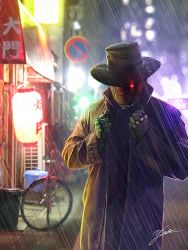 Rule 34 | 1boy, artist name, bicycle, coat, commentary request, cyborg, glowing, glowing eye, hat, lamp, lights, long sleeves, male focus, original, rain, red eyes, saito yoshinobu, science fiction, signature, signpost, solo, trash can