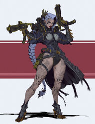 Rule 34 | 1girl, absurdres, android, belt, black belt, black sclera, blue eyes, braid, braided ponytail, chest harness, clawed boots, colored sclera, dual wielding, earrings, full body, gun, harness, high heels, highres, holding, holding gun, holding weapon, hoop earrings, jewelry, knife, lee kimsan, leg tattoo, leotard, mechanical arms, o-ring, o-ring harness, original, purple hair, red lips, single braid, solo, tattoo, thigh belt, thigh strap, weapon
