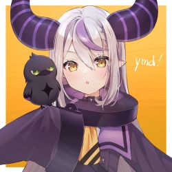 Rule 34 | 1girl, ascot, asymmetrical hair, bird, bird on hand, blush, braid, catchphrase, coat, commentary, crow, crow (la+ darknesss), cuffs, demon horns, flat chest, french braid, gradient hair, hair between eyes, highres, hololive, holox, horns, kabi akaru, la+ darknesss, la+ darknesss (1st costume), long hair, looking at viewer, multicolored hair, open mouth, orange ascot, orange background, pointy ears, purple coat, purple hair, shackles, silver hair, simple background, single braid, sleeves past fingers, sleeves past wrists, solo, streaked hair, striped horns, upper body, virtual youtuber, yellow ascot, yellow eyes