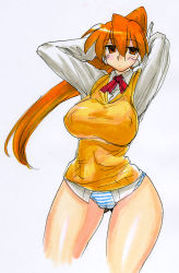 Rule 34 | 1girl, armpits, bottomless, breasts, cleavage, kikuta, long hair, no pants, orange hair, panties, serio (to heart), solo, striped clothes, striped panties, to heart, to heart (series), underwear