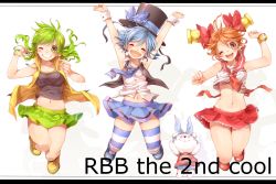 Rule 34 | 3girls, ;d, armpits, arms up, bell (rbb), blue (rbb), blue hair, blue thighhighs, bow, bracelet, brown eyes, closed eyes, green eyes, green hair, grin, hat, hat bow, highres, jewelry, jumping, letterboxed, long hair, multiple girls, navel, necktie, one eye closed, open mouth, orange hair, original, panties, pantyshot, rainy (rbb), rainybluebell, rojiko, short hair, skirt, smile, striped clothes, striped legwear, striped thighhighs, stuffed animal, stuffed toy, teddy bear, thighhighs, underwear, vest, wink, wrist cuffs