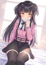 Rule 34 | 1girl, bed sheet, black hair, black skirt, black thighhighs, blush, breasts, brown eyes, commentary request, dutch angle, feet out of frame, frilled shirt, frills, hand up, highres, idolmaster, idolmaster shiny colors, izumo neru, long hair, long sleeves, looking at viewer, mask, mask pull, mayuzumi fuyuko, mouth mask, multicolored hair, pink shirt, pulled by self, purple hair, shirt, sitting, skirt, small breasts, solo, streaked hair, surgical mask, thighhighs, two side up, very long hair