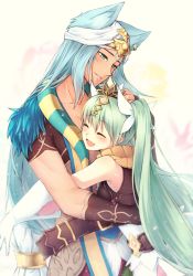 Rule 34 | 1boy, 1girl, :d, ^ ^, animal ears, belt, blue eyes, blue hair, blush, closed eyes, collarbone, couple, dark skin, earclip, facial mark, fox ears, fox tail, frey (rune factory), from side, gloves, gold trim, green hair, hair between eyes, hair ribbon, hand on another&#039;s back, hand on another&#039;s head, highres, leon (rune factory), long hair, niduca (hio touge), open mouth, outstretched arm, outstretched arms, parted lips, ribbon, rune factory, rune factory 4, smile, tail, twintails, very long hair, white gloves, white ribbon