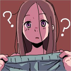 Rule 34 | 1girl, ?, ammonio, blush, brown hair, holding, holding clothes, long hair, lowres, open mouth, original, shorts, solo