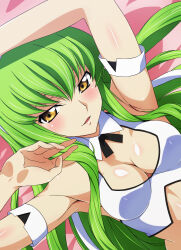 Rule 34 | 1girl, absurdres, armpits, blush, breasts, c.c., cleavage, cleavage cutout, clothing cutout, code geass, commentary, green hair, highres, long hair, looking at viewer, lying, medium breasts, on back, parted lips, shou937, solo, yellow eyes