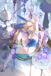 Rule 34 | 1girl, absurdres, blonde hair, blue archive, blue eyes, blue flower, blue leotard, bound, breasts, closed mouth, cup, flower, from above, full body, high heels, highres, indoors, knee up, lantern, leotard, long hair, medium breasts, playboy bunny, purple flower, purple ribbon, ribao, ribbon, ribbon bondage, shoes, unworn shoes, single shoe, sitting, solo, strapless, strapless leotard, thighhighs, toki (blue archive), toki (bunny) (blue archive), white thighhighs