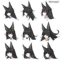 1girl absurdres animal_ears baozouyeguai black_hair braid bright_pupils chinese_commentary commentary_request fox_ears highres hoshimi_miyabi long_hair looking_at_viewer multiple_views one_eye_closed red_eyes simple_background white_background white_pupils zenless_zone_zero