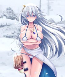 Rule 34 | 1girl, anastasia (fate), bikini, blue eyes, breasts, clinging, cold, doll, fate/grand order, fate (series), jewelry, koza900, large breasts, long hair, navel, pendant, sarong, silver hair, snow, snow on body, snow on head, solo, swimsuit, thigh gap, wavy mouth
