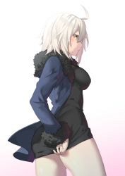 Rule 34 | 1girl, ahoge, ass, black dress, blue jacket, blush, breasts, commentary request, cowboy shot, dress, dress tug, fate/grand order, fate (series), fur-trimmed jacket, fur trim, highres, itohana, jacket, jeanne d&#039;arc (fate), jeanne d&#039;arc alter (fate), jeanne d&#039;arc alter (ver. shinjuku 1999) (fate), large breasts, looking at viewer, medium breasts, official alternate costume, open clothes, open jacket, short dress, short hair, silver hair, solo, sweatdrop, wicked dragon witch ver. shinjuku 1999, yellow eyes