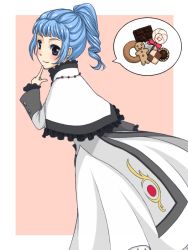 Rule 34 | 1girl, ange serena, blue eyes, blue hair, blush, capelet, dress, frills, jewelry, long hair, necklace, pink background, ponytail, ribbon, smile, tales of (series), tales of innocence